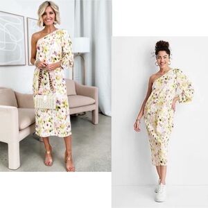 FUTURE COLLECTIVE NWT Watercolor One Sleeve Linen Blend Midi Dress M